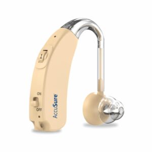 “AccuSure Digital Hearing Aid Amplifier – rechargeable beige device for adults and seniors”