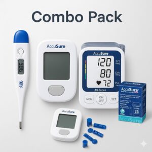 AccuSure Combo Pack – BP Monitor, Glucometer, Thermometer with Test Strips