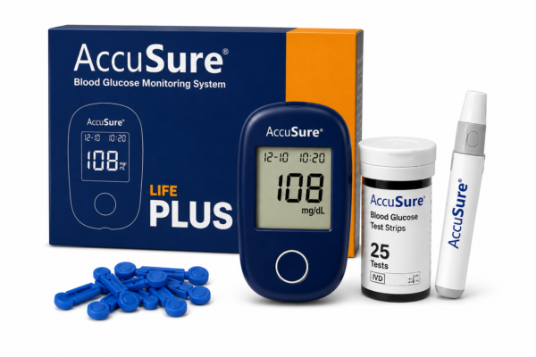 The AccuSure Instant Digital Life PLUS Glucometer Kit is a complete blood glucose monitoring solution designed for accurate and convenient diabetes management. Whether at home or while traveling, this compact and user-friendly glucometer helps you track blood sugar levels quickly and efficiently. The device delivers fast and reliable results, making it suitable for daily glucose monitoring. Its simple operation and portable design make it ideal for both new and experienced users. Perfect for individuals managing diabetes, the AccuSure Life PLUS Glucometer Kit offers dependable performance and easy testing whenever needed. 🟦 What's Included ✔ AccuSure Life PLUS Glucometer Device ✔ Test Strips Pack ✔ 10 Sterile Lancets ✔ 1 Lancing Device ✔ User Manual ✔ Storage Case (if provided by manufacturer) 🟥 What's NOT Included ✘ Additional Test Strips Refill ✘ Control Solution ✘ Rechargeable Battery Pack ✘ Mobile App Connectivity ✘ Bluetooth Function 🟢 Key Features ✔ Accurate Blood Glucose Testing ✔ Quick & Easy Blood Sugar Monitoring ✔ Compact & Travel-Friendly Design ✔ Easy One-Button Operation ✔ Suitable for Home Use ✔ Reliable Results for Daily Monitoring ✔ Complete Starter Kit Included 🟢 Benefits ✔ Helps Track Blood Sugar Levels Regularly ✔ Supports Effective Diabetes Management ✔ Convenient Home Testing ✔ Easy to Carry Anywhere ✔ Fast and Reliable Results